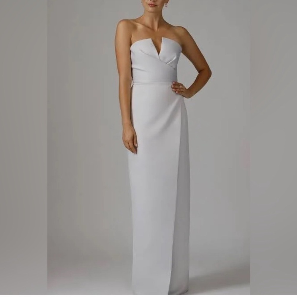 JAY GODFREY Darcy Satin Strapless V Neck Column Gown Maxi Dress W/ Slit -Reemoly